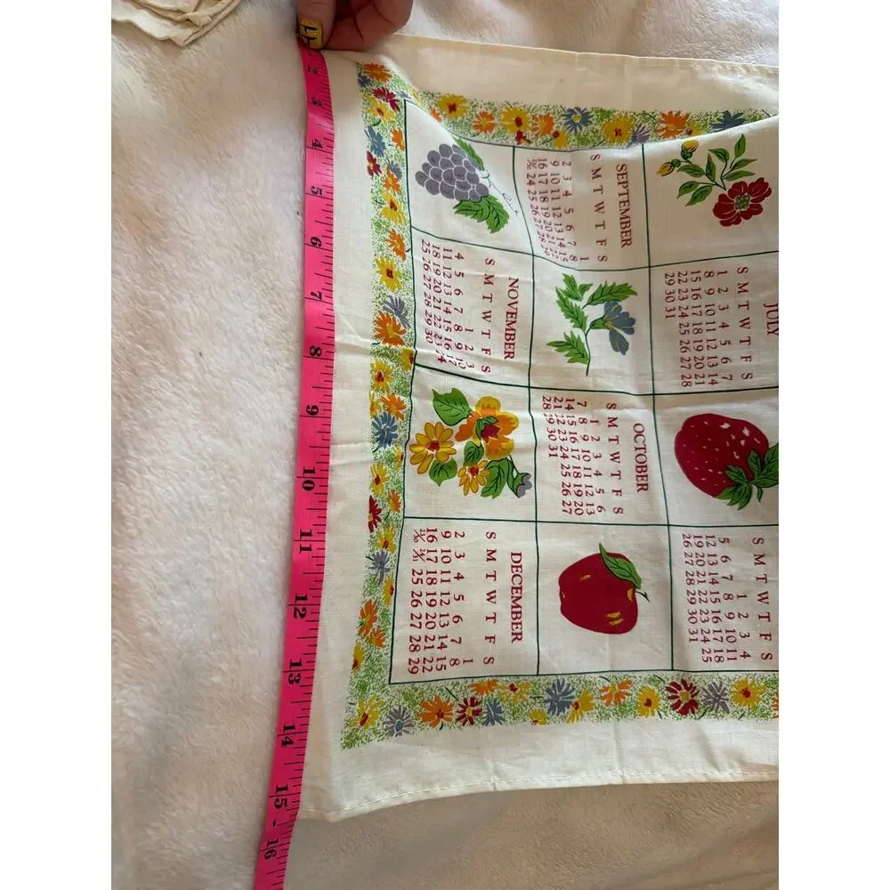 Vintage 2001 Calendar Tea Towel Flowers Fruit Linen Kitchen Wall Hanging Decor